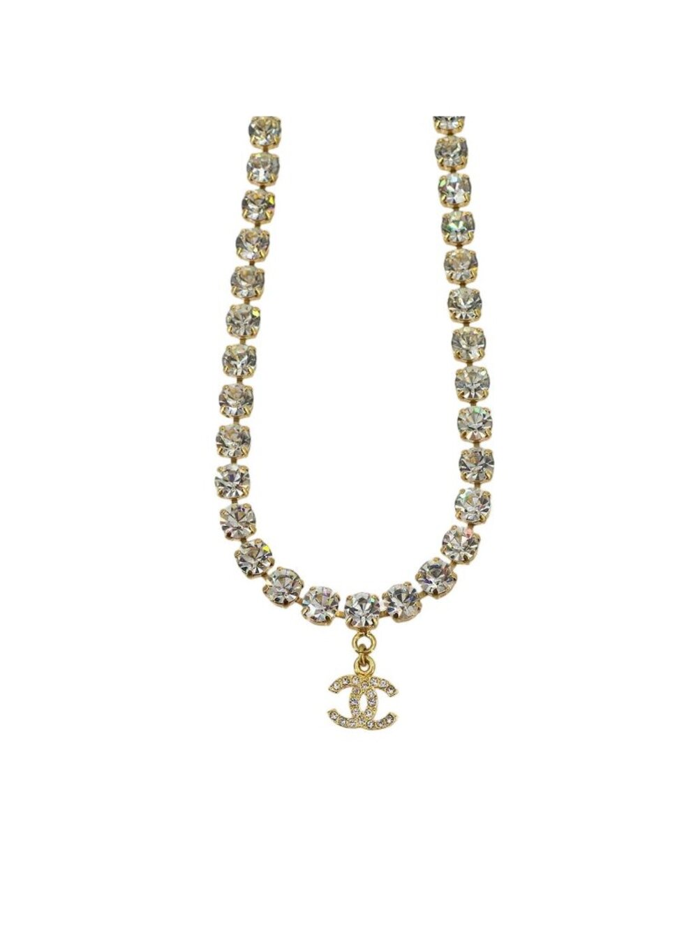 Chanel CC Logo Rhinestone Necklace Gold Vintage
